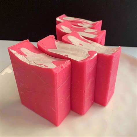 Bright Pink Soap With Shimmery Mica Drizzle On A White Plate From