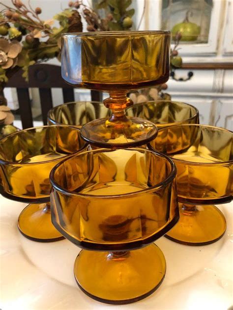 Amber Glass Sherbet Dishes Vintage Honey Gold Glass Dessert Etsy Amber Glassware Amber