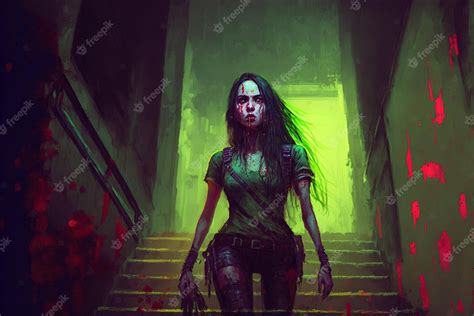 Premium Photo Female Zombie Standing On Stairs In Abandoned House Digital Art Style
