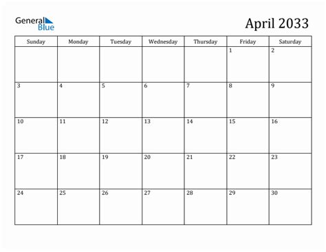 April 2033 Calendar Pdf Word Excel