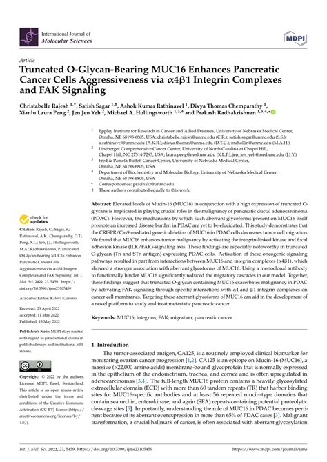 Pdf Truncated O Glycan Bearing Muc16 Enhances Pancreatic Cancer Cells