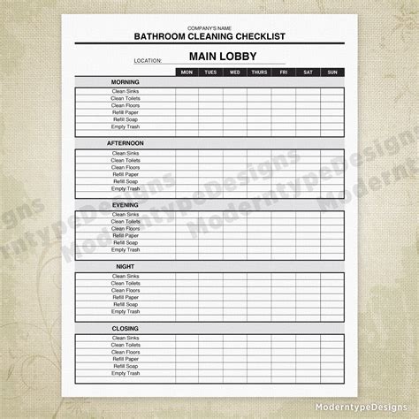 Bathroom Cleaning Checklist Printable Form Restroom Clean Schedule
