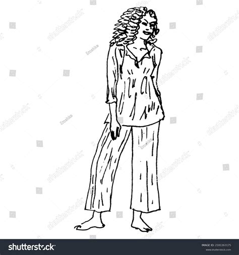 Standing Smiling Funny Barefoot Woman Disheveled Stock Vector Royalty