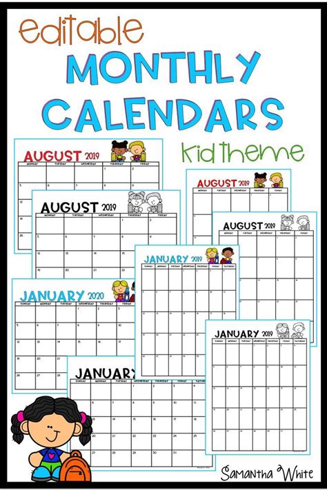 Free Calendar Teemplate With Monthly Themes Kids Free 2019 Monthly