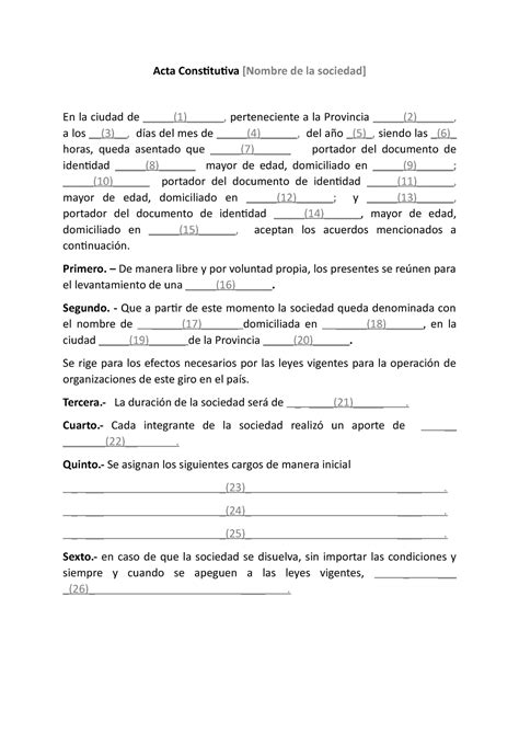 Ejemplo Acta Constitutiva Llena Los Vacio En Blanco Para Completar Tu Acta Acta Constitutiva