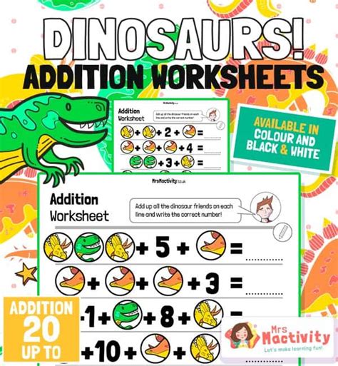 Dinosaur Addition Worksheet Up To 20 Primary Teaching Resources