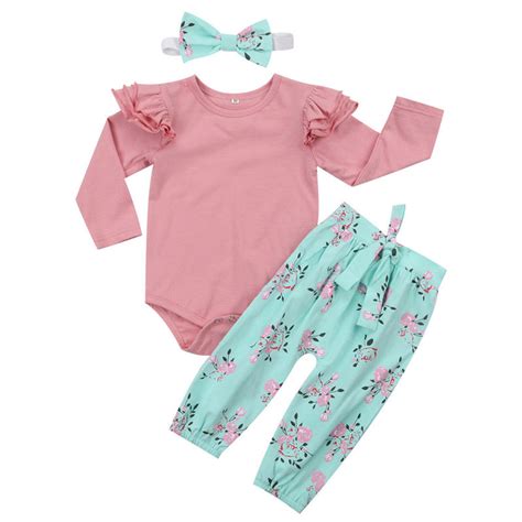 Infant Baby Clothing Sets Solid Long Sleeve Romper Floral Print Bow