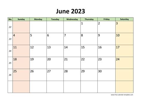 June 2023 Calendar Printable With Coloring On Weekend Horizontal
