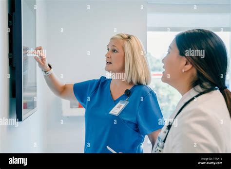 Female Doctor Pointing At Flat Screen While Discussing With Colleague