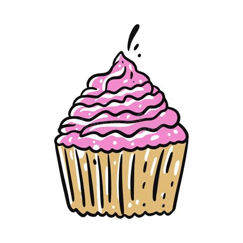 Pink Cupcake Hand Drawn Vector Illustration Isolated On White