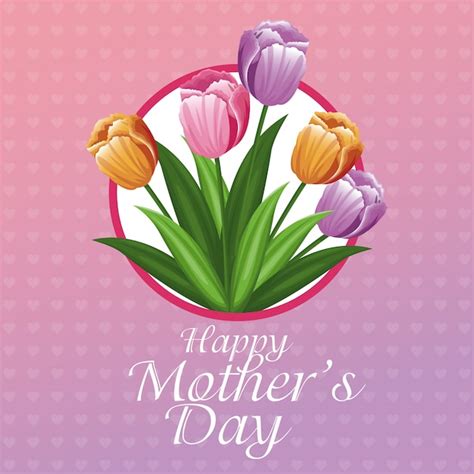 Happy Mothers Day Card Tulips And Hearts Background Premium Vector