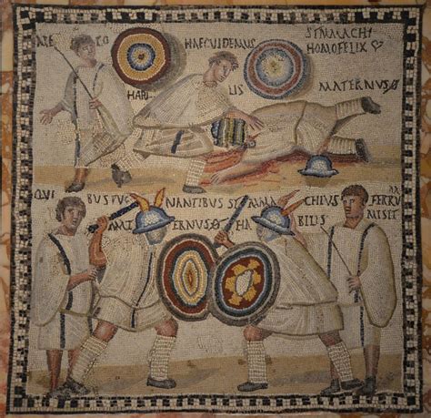 Mosaic Depicting The Fight Between Two Murmillo Gladiators Named