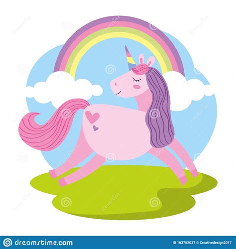 Happy Unicorn Between Clouds And Rainbow Cartoon Stock Vector