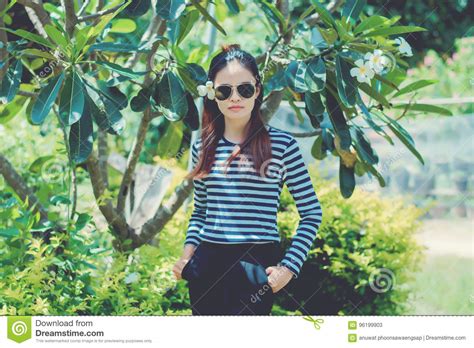 Woman Hipster With Sunglasses Fashion Style Lifestyle Concept Wearing A Black And White Striped