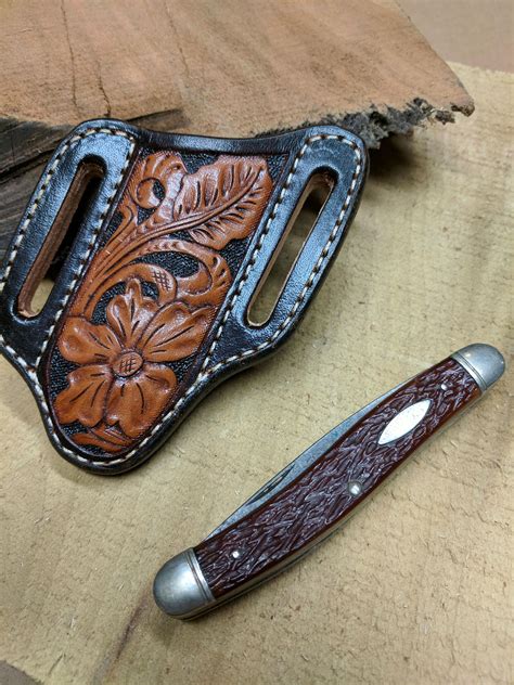 Hand Tooled Leather Knife Sheath With Western Flower And Leaf Design