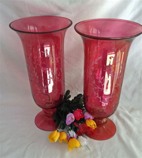 Vintage Pair 12 Flash Glass Hurricanes Ruby Red Flash Glass Etched