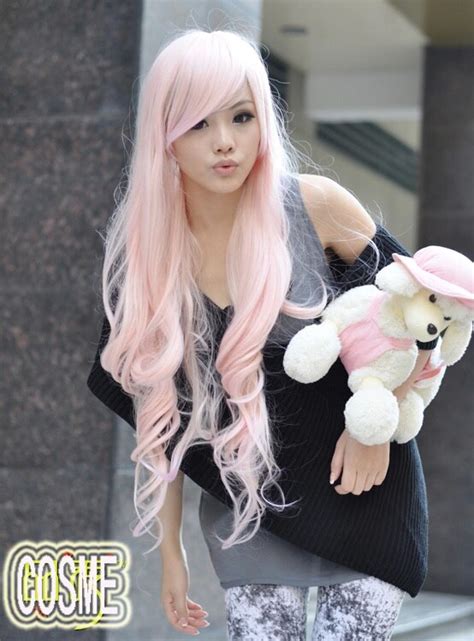 Free Shipping Wig Cosplay Wig Kawaii Light Pink Long Curly Hair On