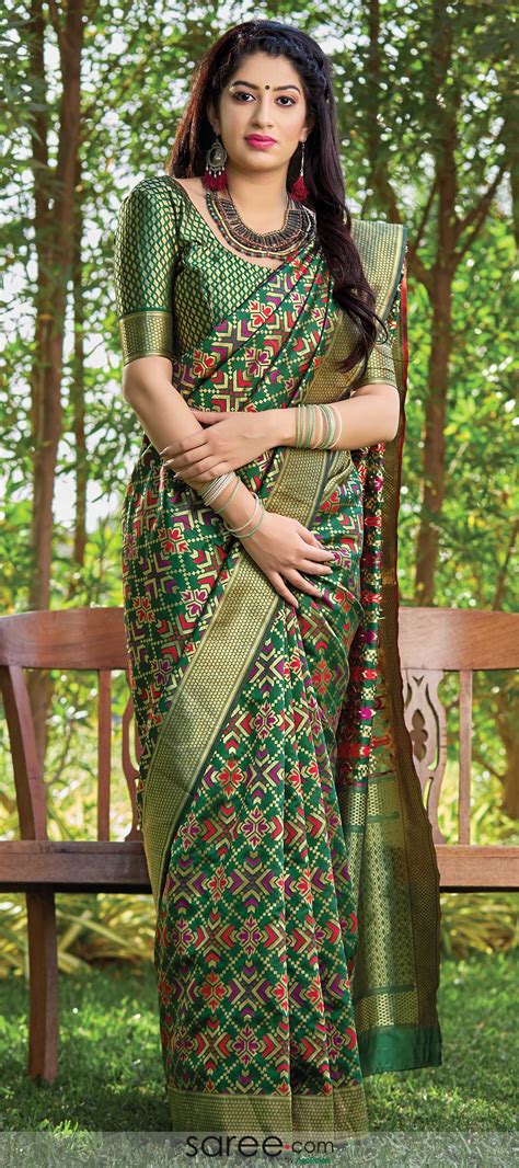 Dark Green Banarasi Art Silk Multi Colored Traditional Woven Saree