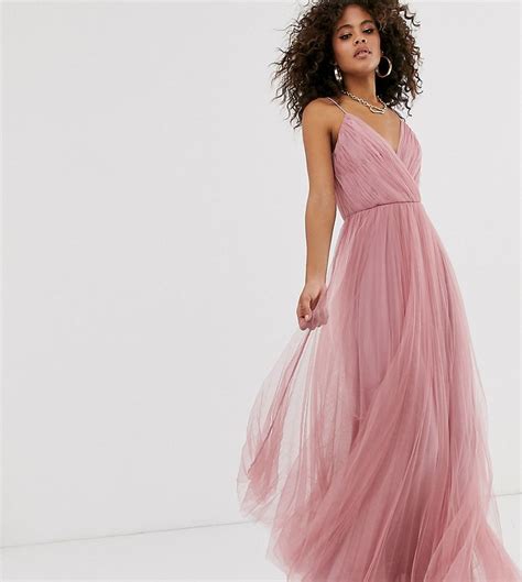 Asos Design Tall Cami Pleated Tulle Maxi Dress In Rose Pink In 2022