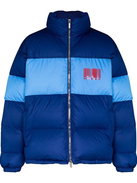 Vtmnts Barcode Print Two Tone Puffer Jacket Blue Editorialist