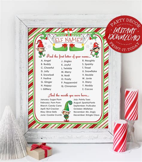 Elf Name Poster Instant Download Whats Your Elf Etsy Elf Names