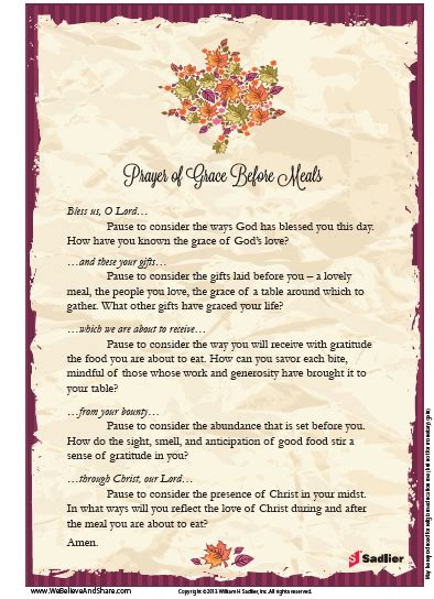 Reciting this prayer together as a family is a wonderful tradition that strengthens the faith of all who gather to eat. We Believe and Share | Catholic | Prayer | Thanksgiving ...