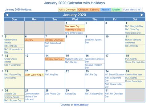 Print Friendly January 2020 Us Calendar For Printing