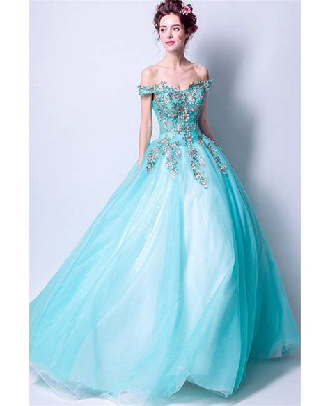 Off Shoulder Aqua Blue Prom Dress Ball Gown With Special Lace Agp18055