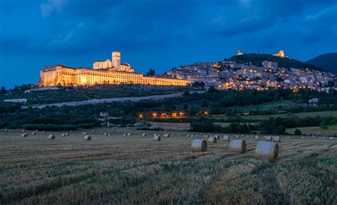 panoramic view of assisi at sunset in the province of perugia in the umbria region of italy
