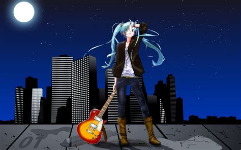 Download Wallpapers Hatsune Miku Guitar Nightscape Manga Vocaloid