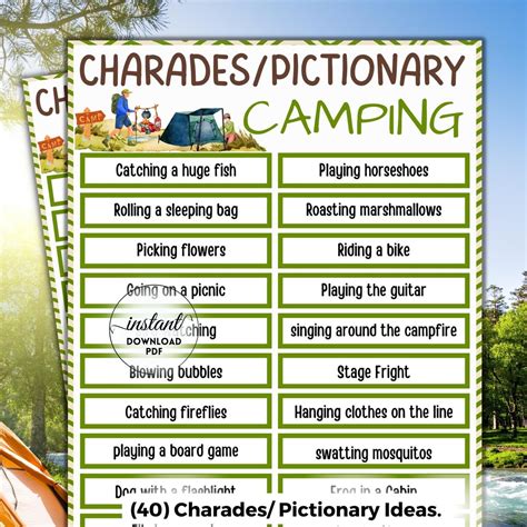 Camping Charades Pictionary Card Game Camping Activities For Etsy