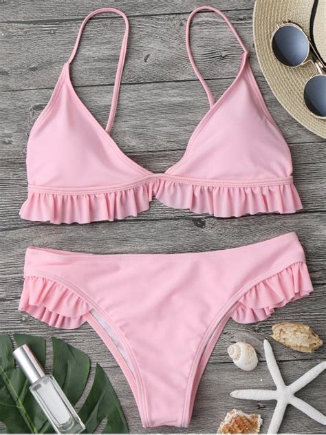 [60 off] 2021 ruffle padded plunge bikini set in pink zaful