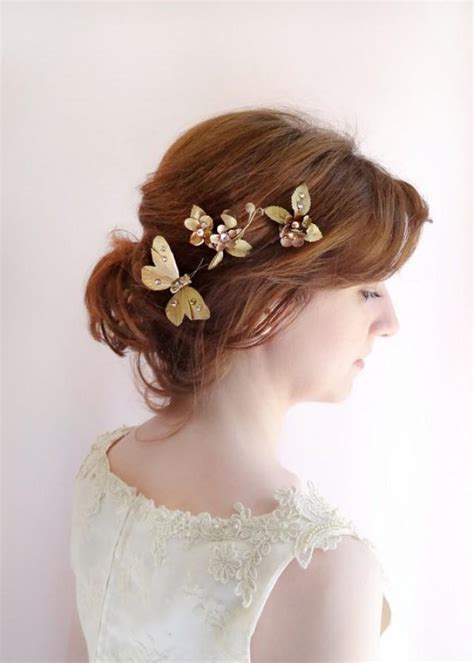 Sold in a pack of four (4) availability: Bronze Gold Hair Jewelry, Bridal Hair Pins, Formal Hair Accessories, Butterfly Hair Clip, Flower ...