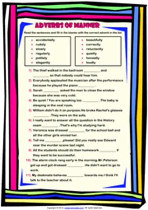 Choose adverbs that best fit the sentences in this worksheet. Adverbs ESL Printable Worksheets and Exercises