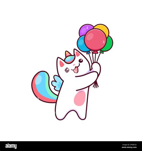 Cartoon Cute Kawaii Caticorn Character With Air Balloons Cat Kitty