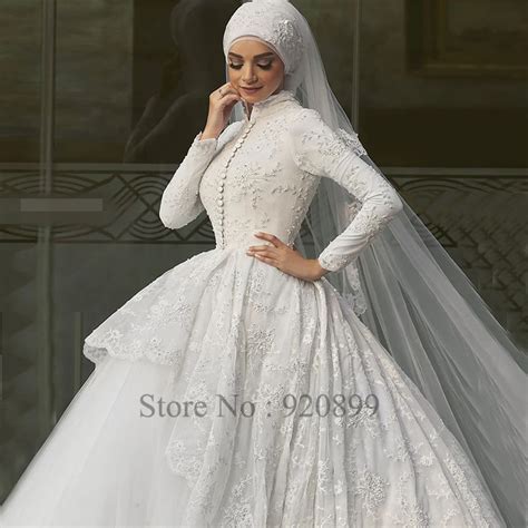 White Arabic Bridal Dresses With Scarf Ball Gown Lace Long Sleeve