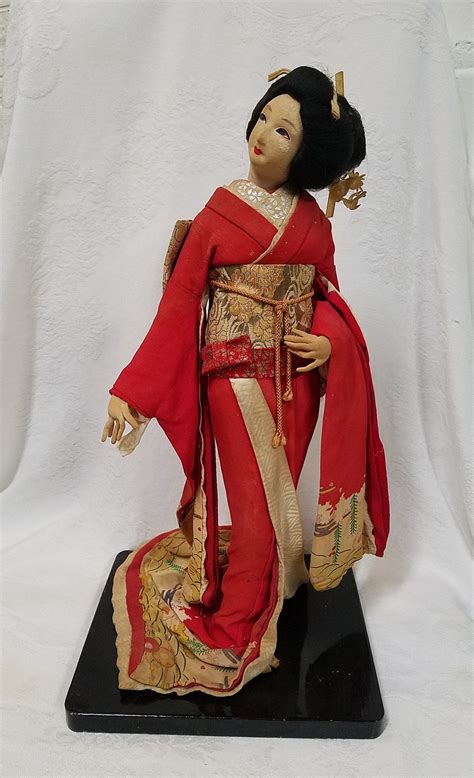Vintage Japanese Geisha Doll In A Red Kimono And Obi Sash On A Etsy