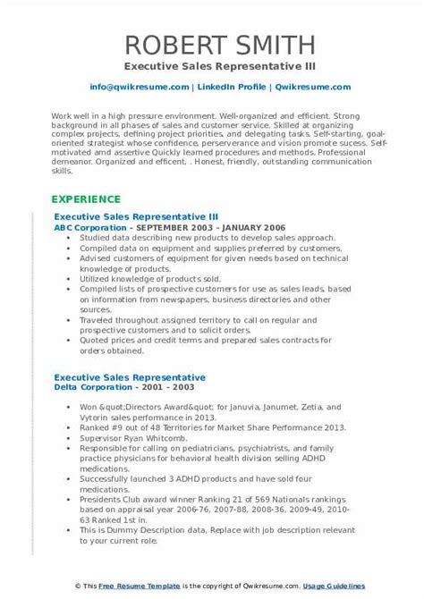 Resume samples and cover letter samples. Executive Sales Representative Resume Samples | QwikResume