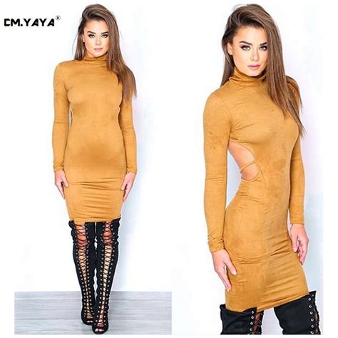cmyaya 2016 new women sexy winter brown full sleeve turtleneck backless bandage bodycon kne