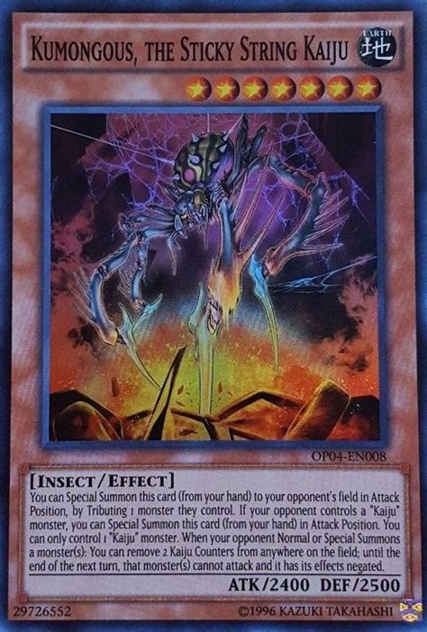 Banish that target, then banish all cards with the same name as that monster from your opponent's graveyard. Kumongous, the Sticky String Kaiju | Yu-Gi-Oh! Wiki | Fandom