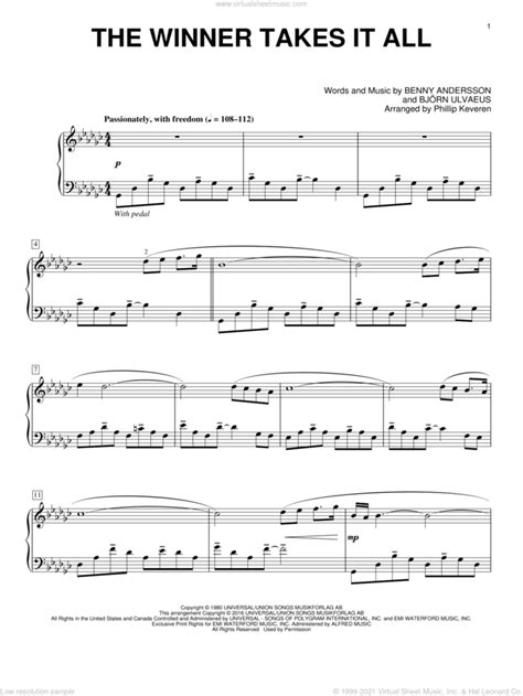 Andersson - The Winner Takes It All sheet music for piano solo