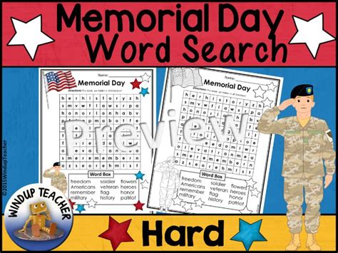 Memorial Day Word Search Hard Puzzle Teaching Resources