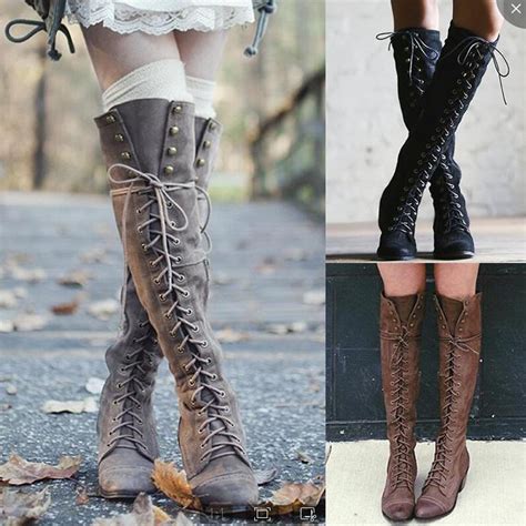Women Lace Up Rivet Martin Boots Over The Knee Thigh High Combat High