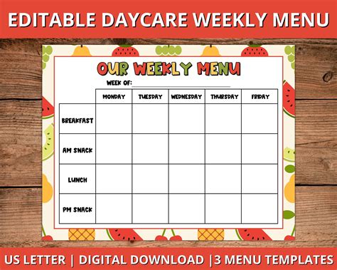 Editable Daycare Weekly Menu Editable Daycare Menu Fillable Daycare