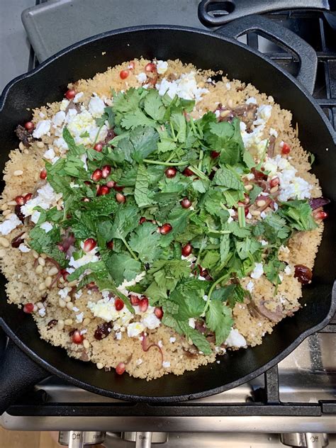 [homemade] jeweled couscous with lamb feta pomegranate seeds pine nuts cinnamon honey mint