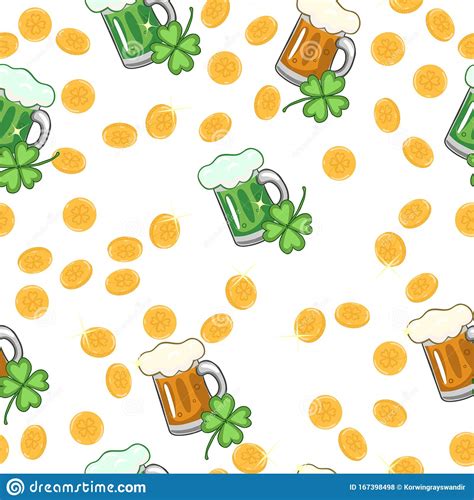 Seamless Pattern With Beer Clover And Coins Vector Graphics Stock