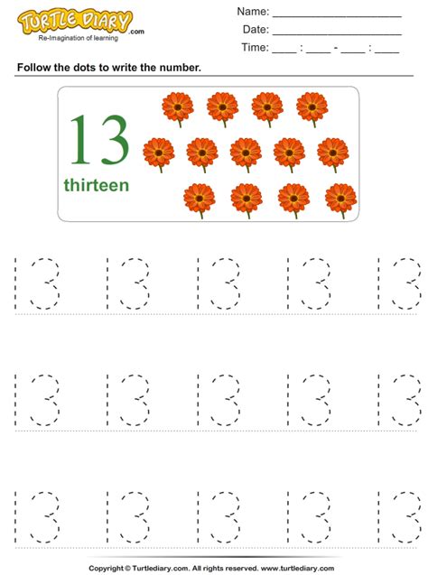 Trace the Number Thirteen Worksheet - Turtle Diary