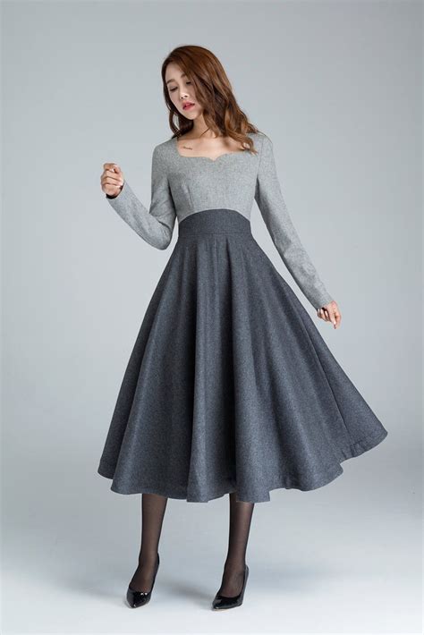 1950s Grey Fit And Flare Wool Dress Womens Dresses Winter Dress Vintage Midi Dress Designer