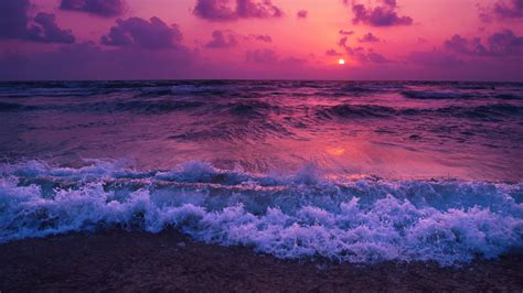 Purple Cloudy Sky Above Ocean Waves During Sunset Hd Nature Wallpapers