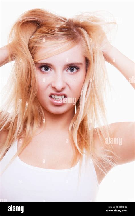 Stress Young Woman Frustrated Pulling Her Hair On White Stock Photo
